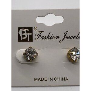 BT Fashion Jewelry Round Crystal Stud Earrings Gold Tone Rhinestone Accent